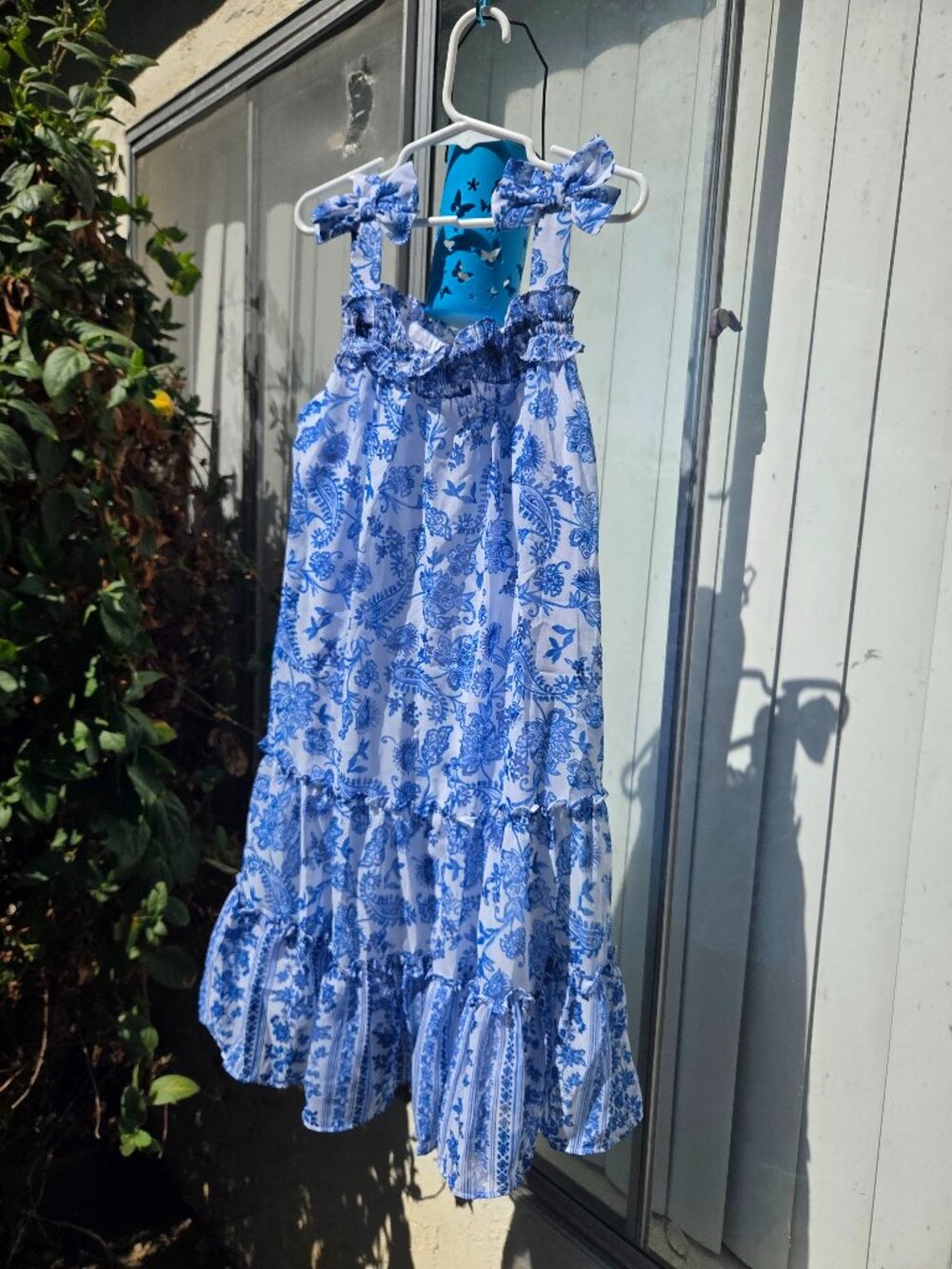 Jona Michelle Dress Sz 8 White Blue Floral Print Chiffon Tiered Bowtie NWT